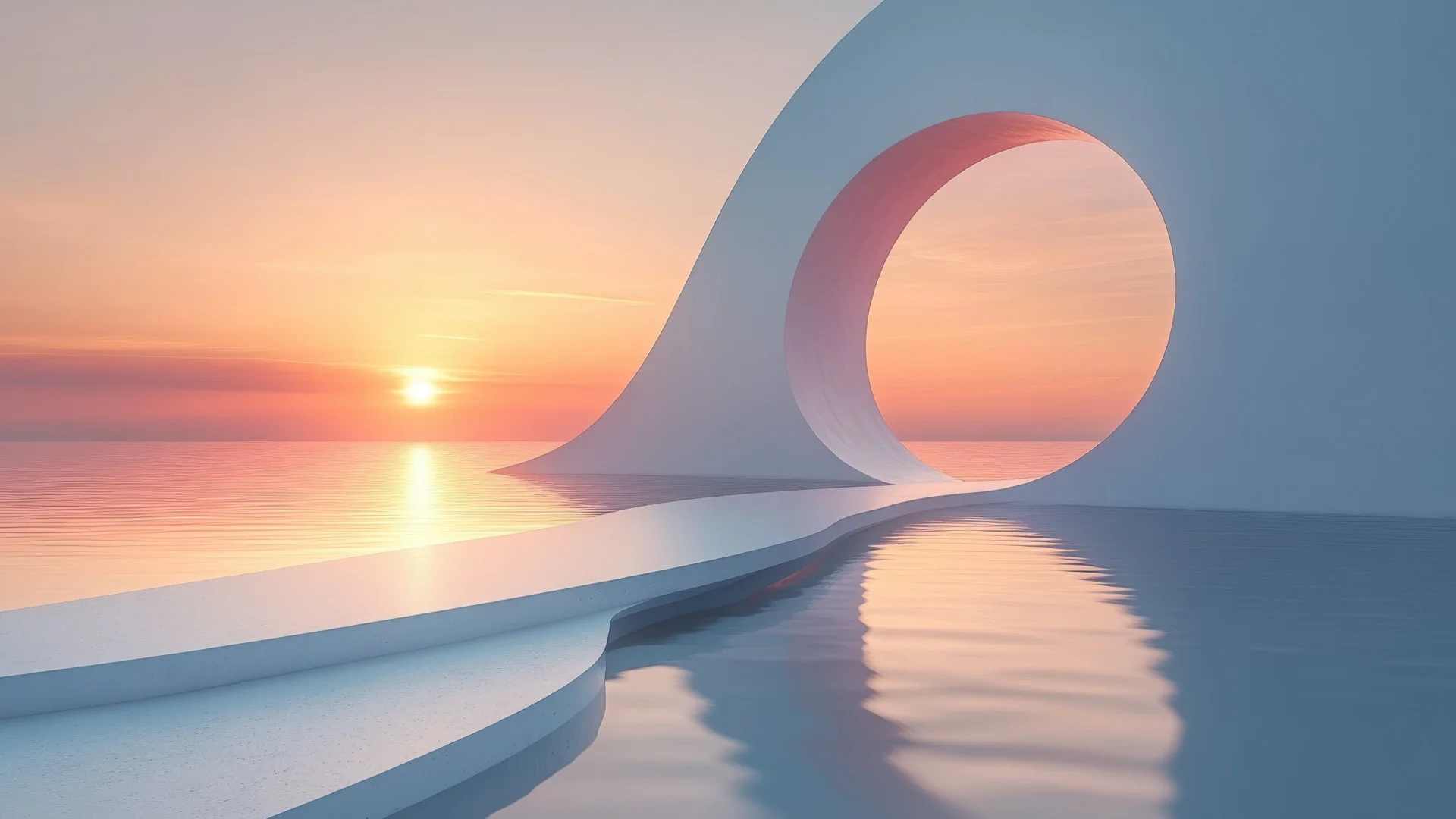 Architecture minimaliste avec arche circulaire ouverte sur la mer au lever du soleil