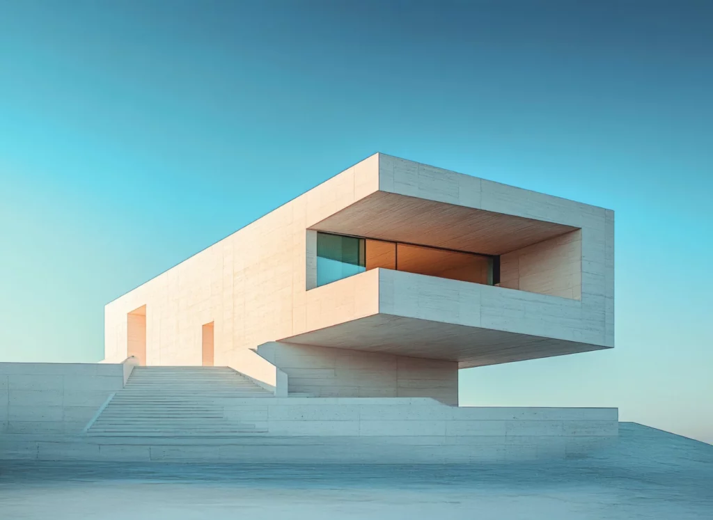 Architecture contemporaine minimaliste en béton avec volume suspendu et grandes baies vitrées