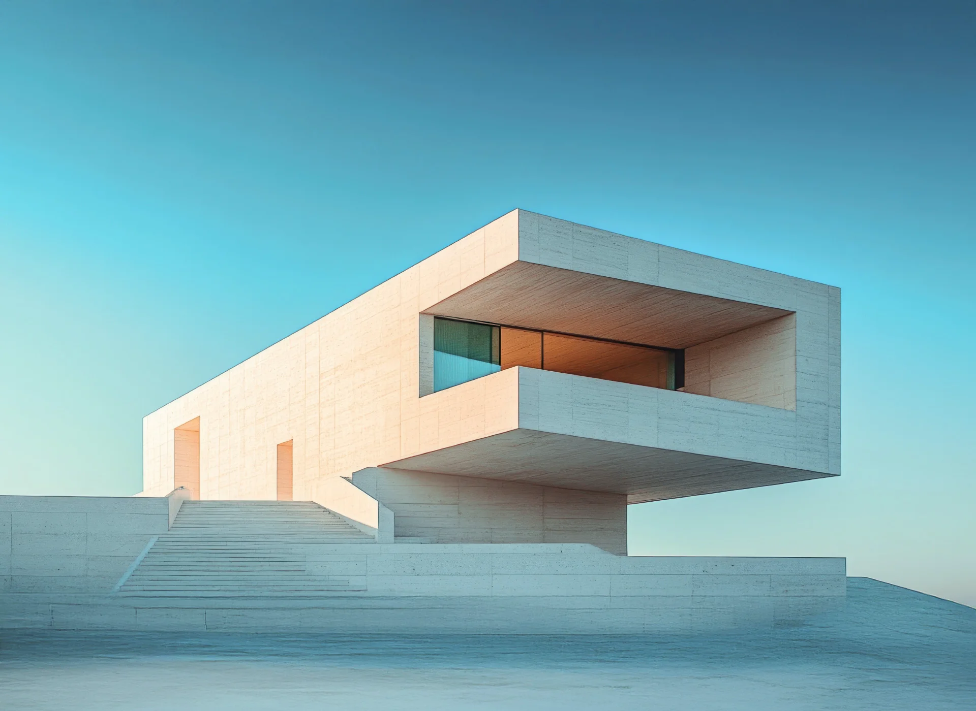Architecture contemporaine minimaliste en béton avec volume suspendu et grandes baies vitrées