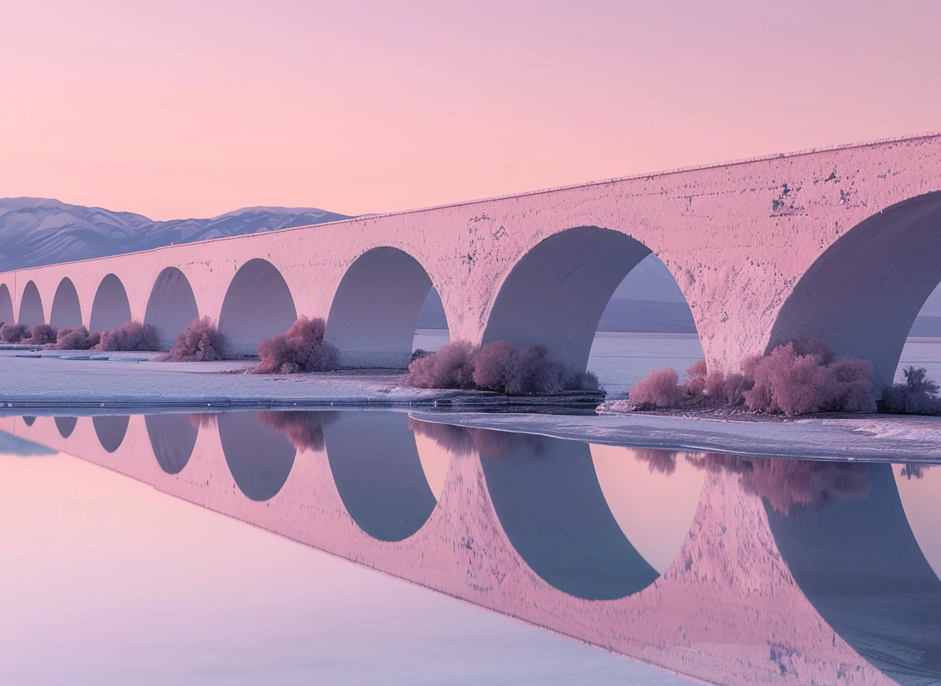 Pont en arches reflété dans l’eau calme dans une lumière rose au lever du jour