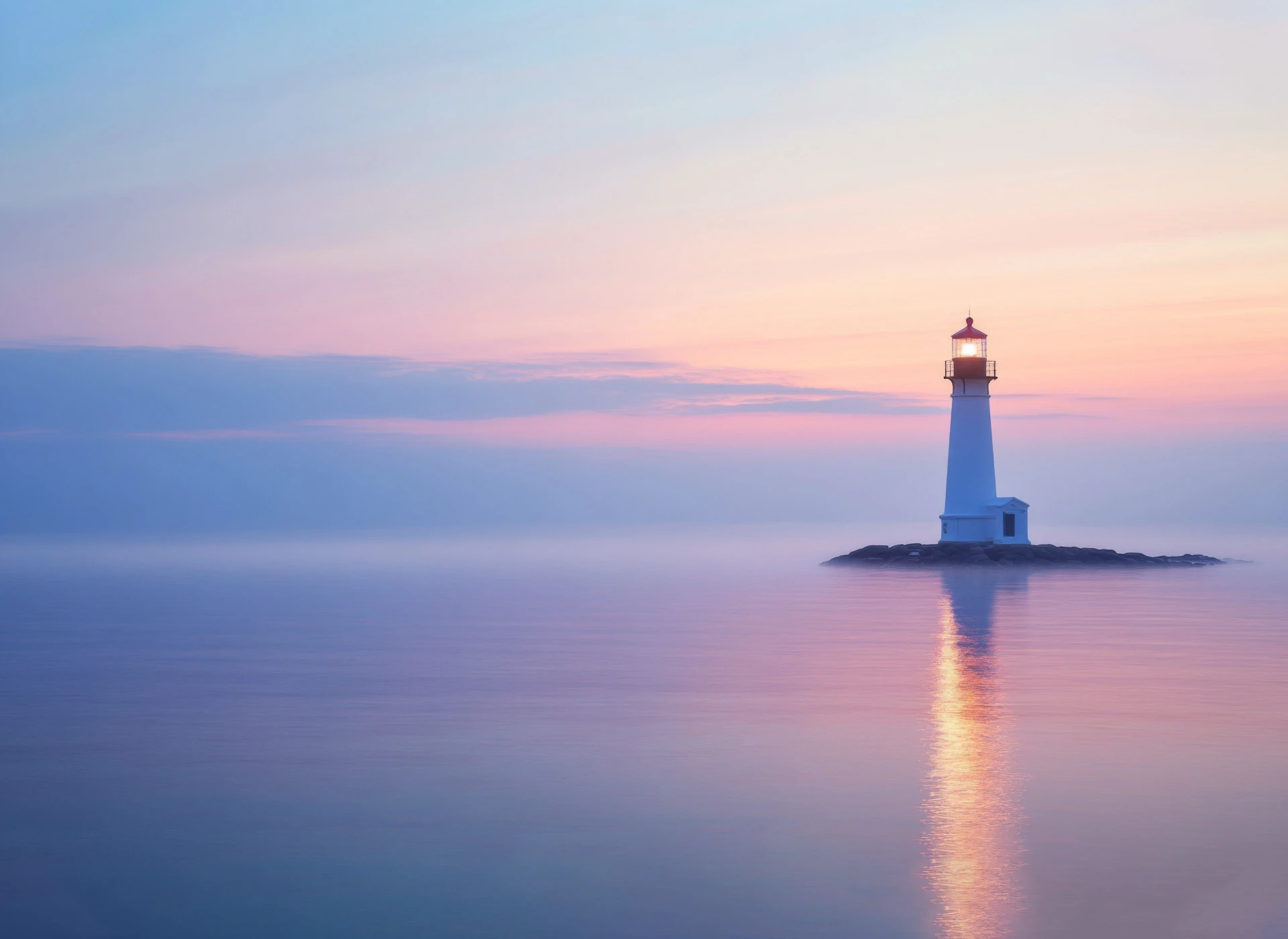 Phare isolé éclairé au lever du soleil sur une mer calme