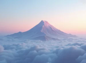 Sommet de montagne émergeant au-dessus des nuages au lever du soleil