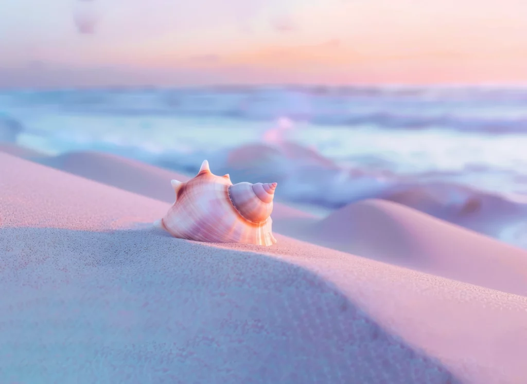 Coquillage posé sur le sable face à la mer au coucher du soleil