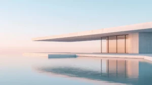 Maison moderne minimaliste avec terrasse et piscine face à la mer