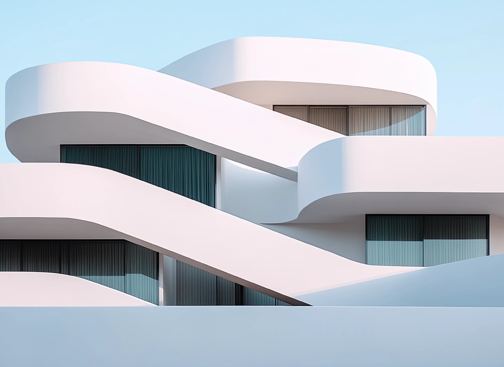 Architecture contemporaine blanche aux formes courbes et grandes baies vitrées