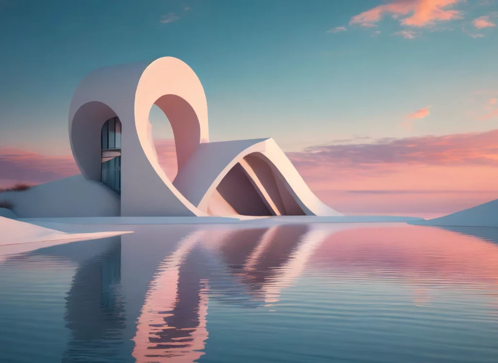 Architecture contemporaine blanche aux formes sculpturales au bord de l’eau au coucher du soleil