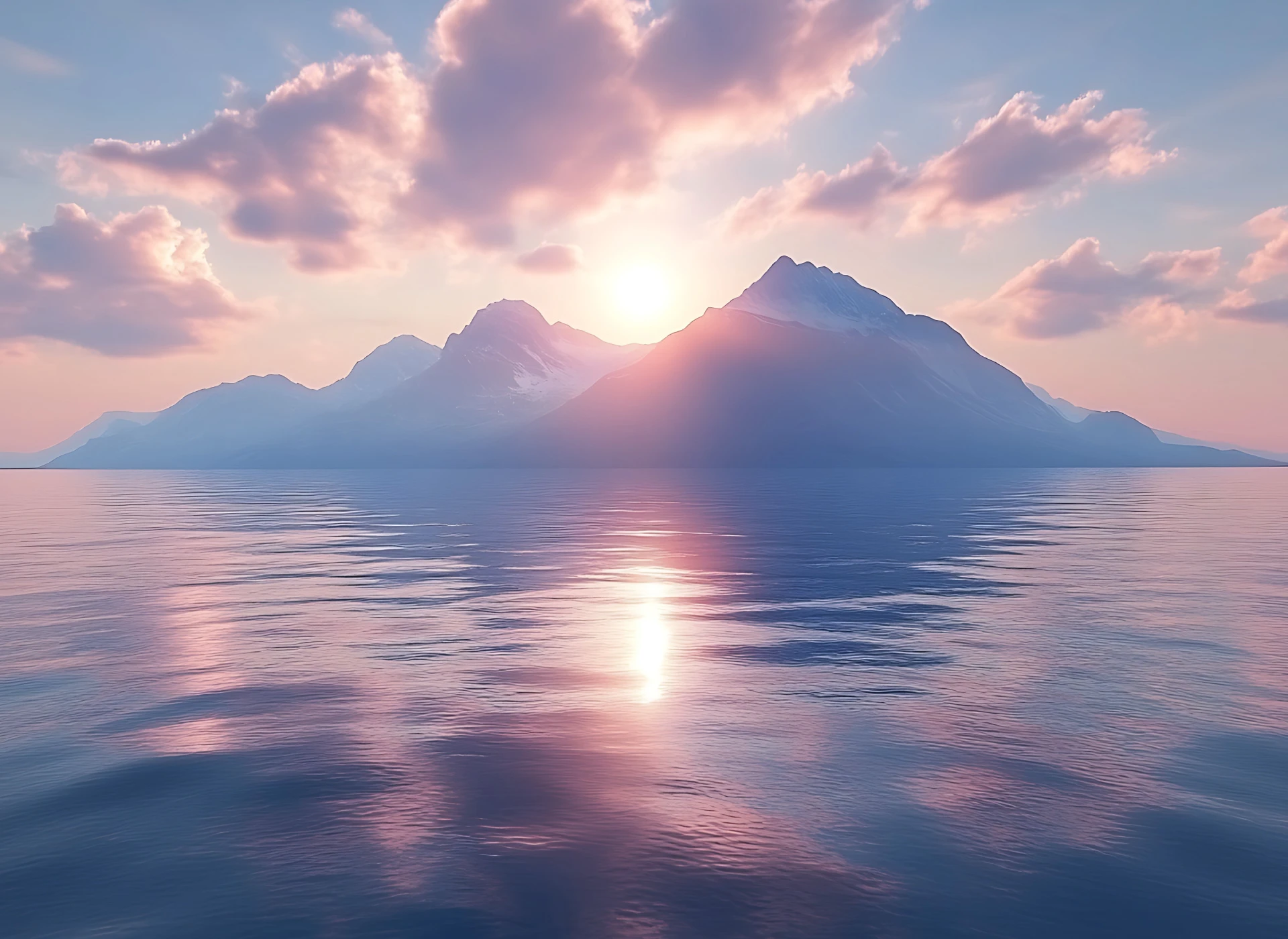 Paysage de montagnes au lever du soleil avec reflets sur l’eau