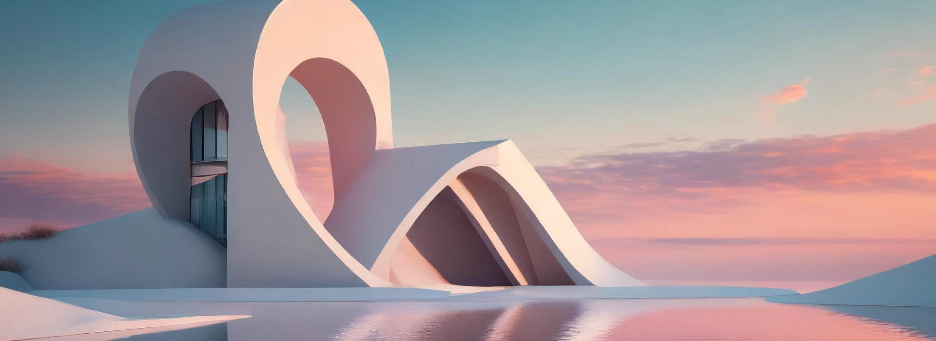 Bâtiment moderne aux arches et formes sculpturales au bord de l’eau