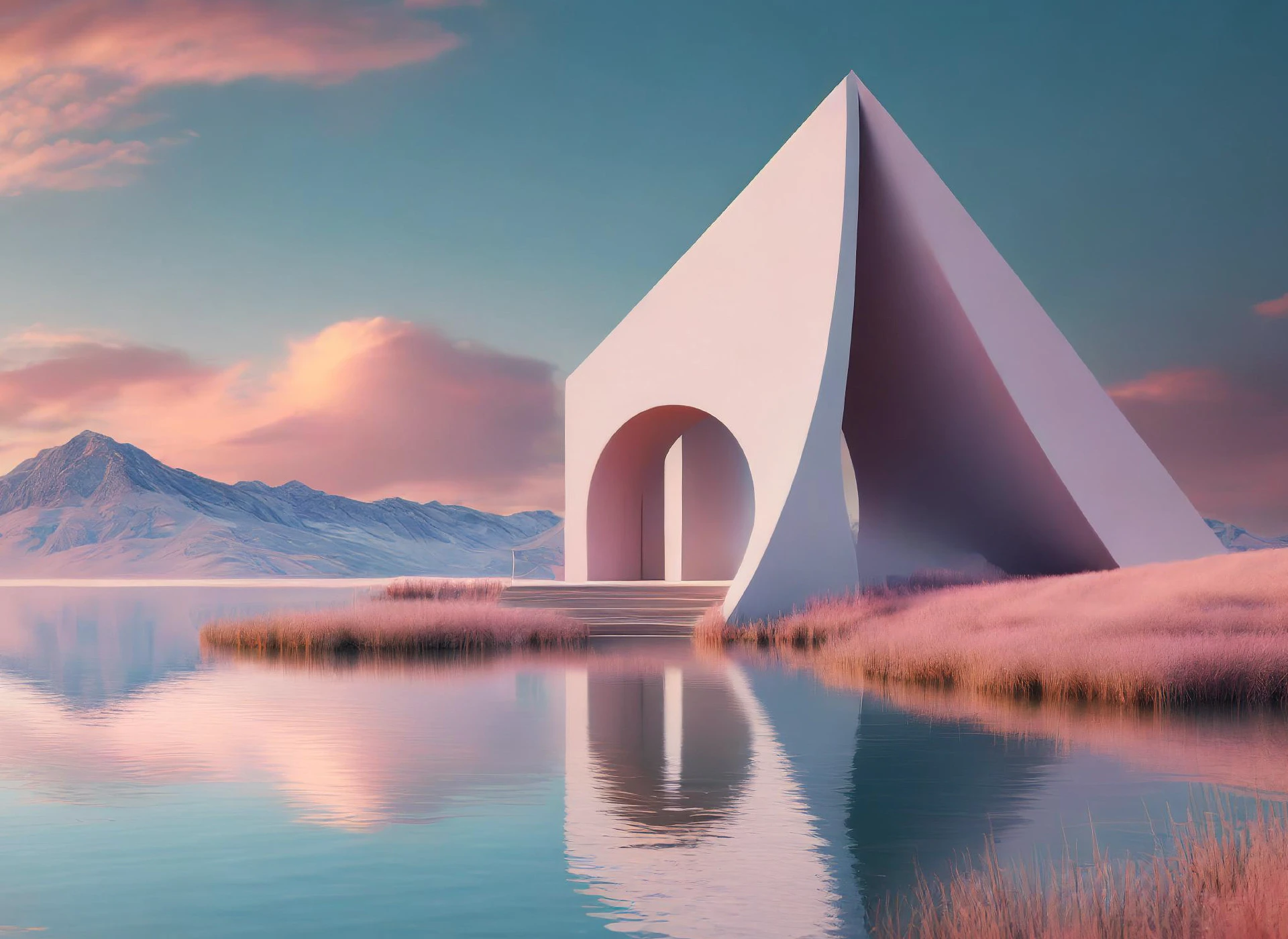 Bâtiment moderne minimaliste avec arche face à un lac et des montagnes
