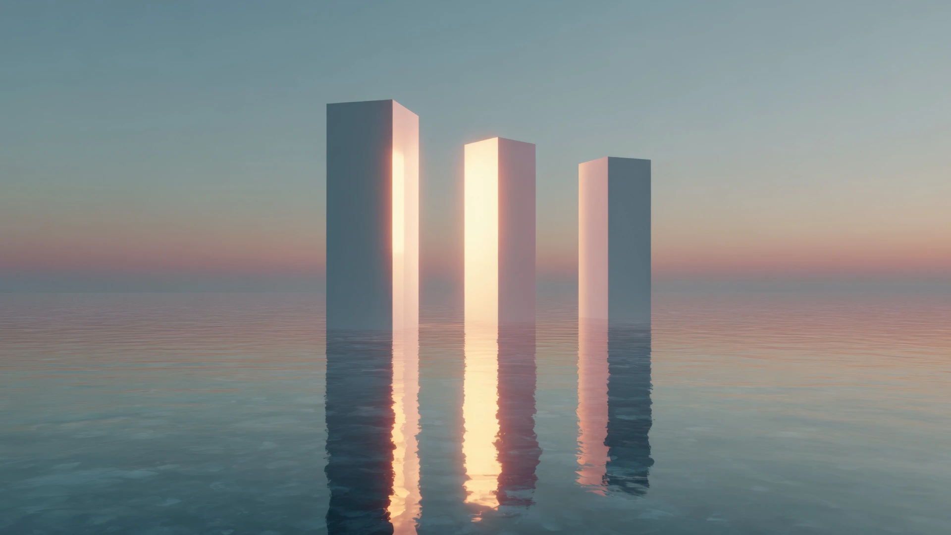 Trois structures verticales minimalistes se reflétant sur une mer calme au coucher du soleil