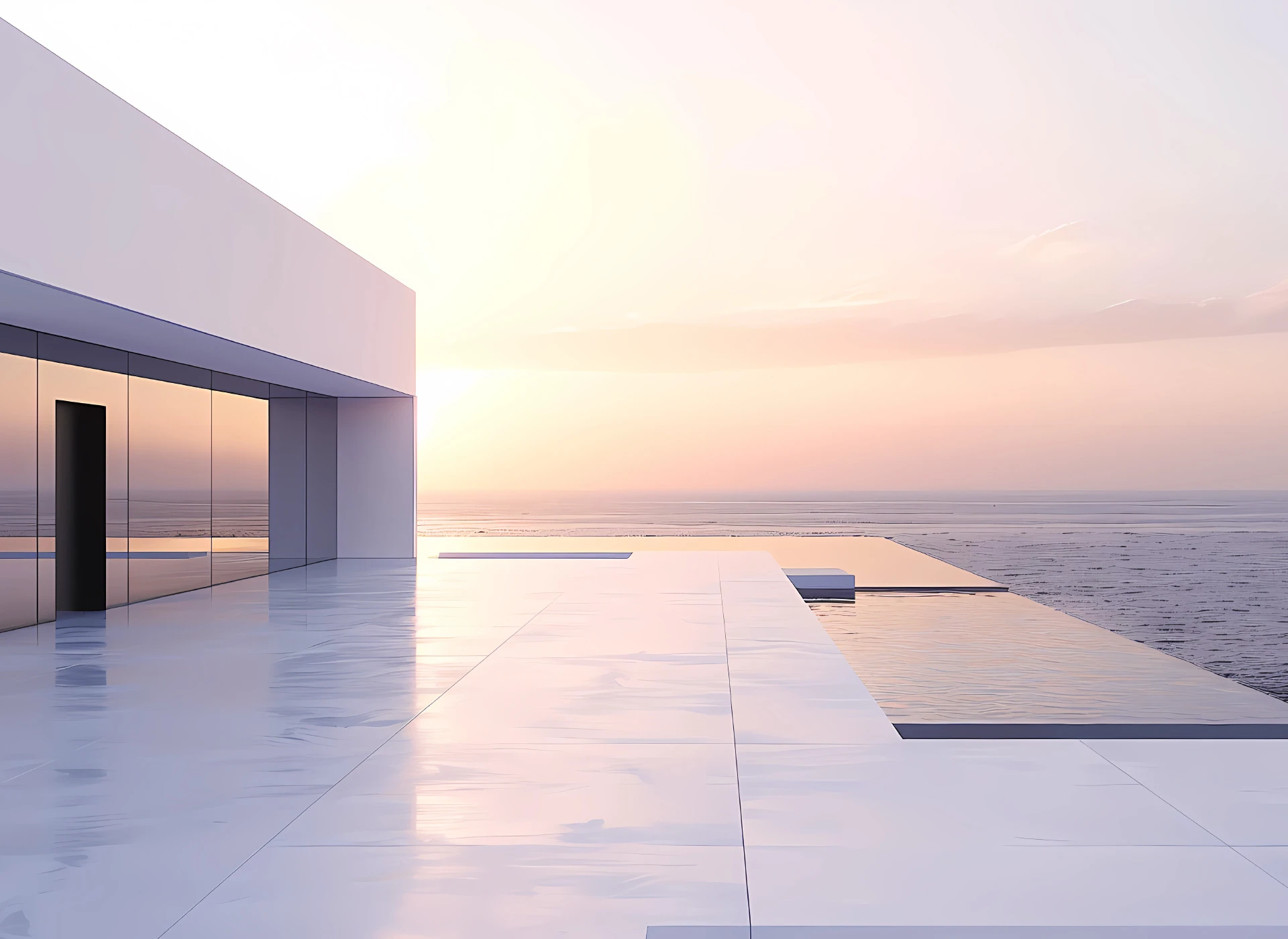Maison contemporaine face à la mer avec terrasse et piscine au coucher du soleil