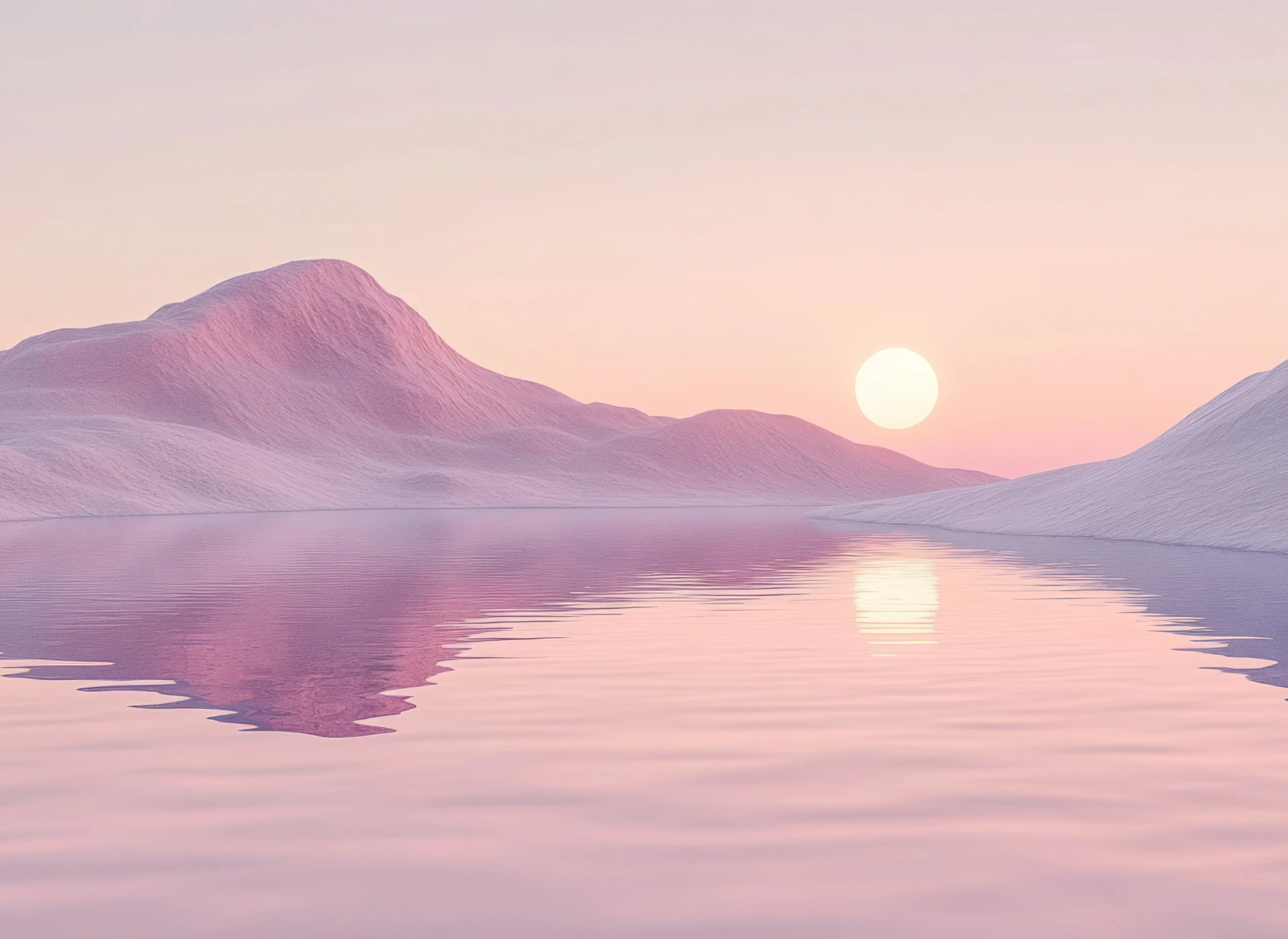 Paysage minimaliste de montagnes roses et lac calme au coucher du soleil