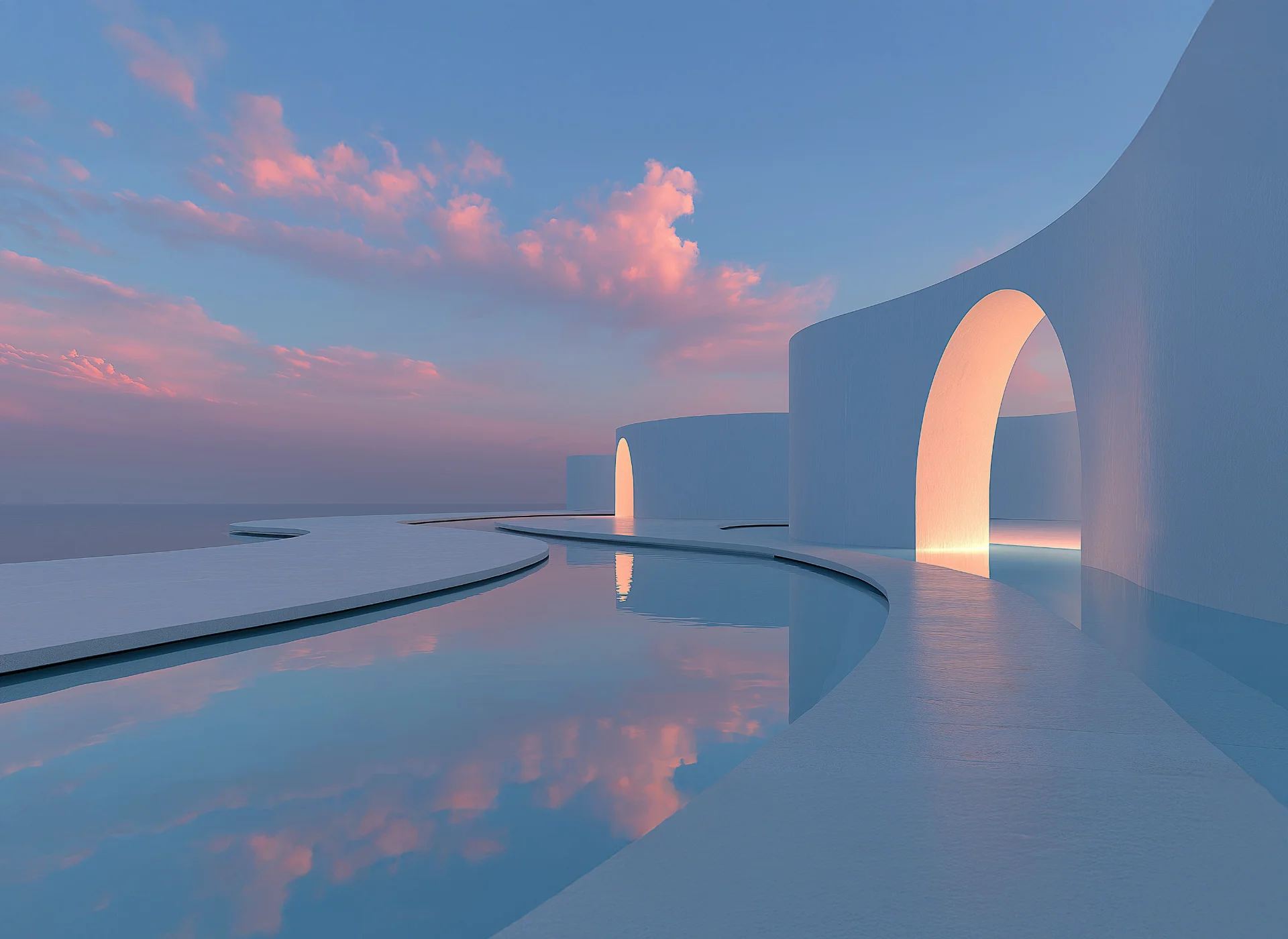 Architecture minimaliste avec arches courbes et bassin d’eau au coucher du soleil