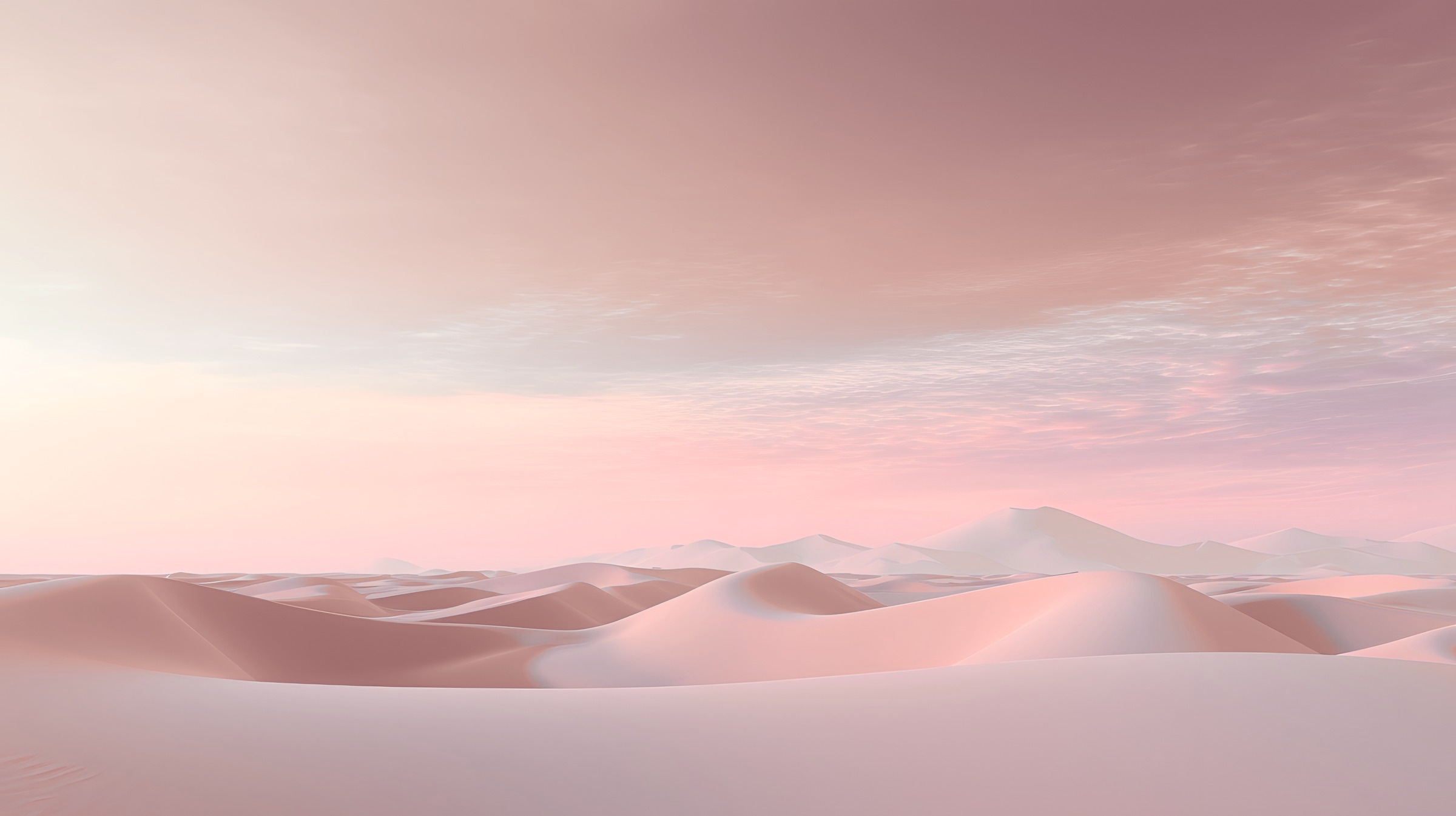 Étendue de dunes roses au crépuscule sous un ciel voilé