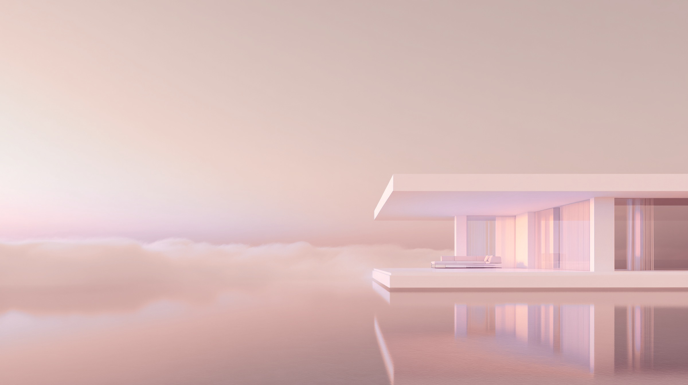 Maison contemporaine au-dessus d'une mer de nuages roses